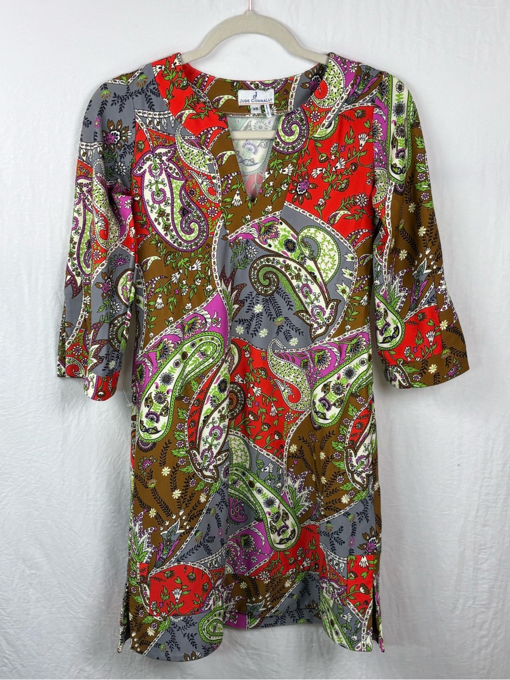 Jude Connally women’s XS Paisley Midi Dress in Red, Brown, Green, Purple, Gray